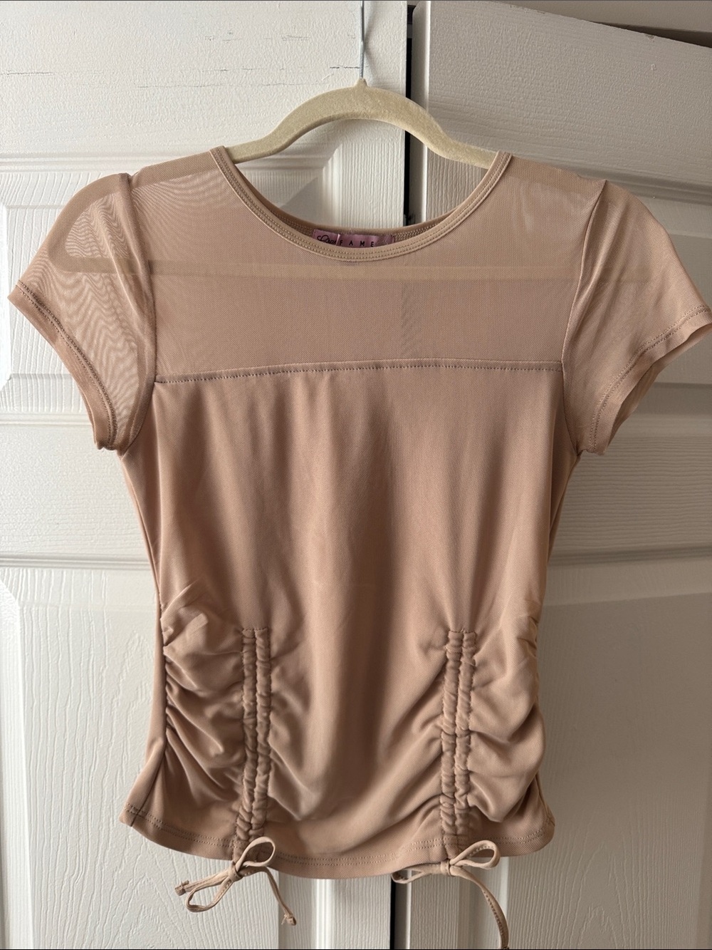 Crave Fame Short Sleeve Ruched Mesh Yoke Top - Nude Tan Women’s